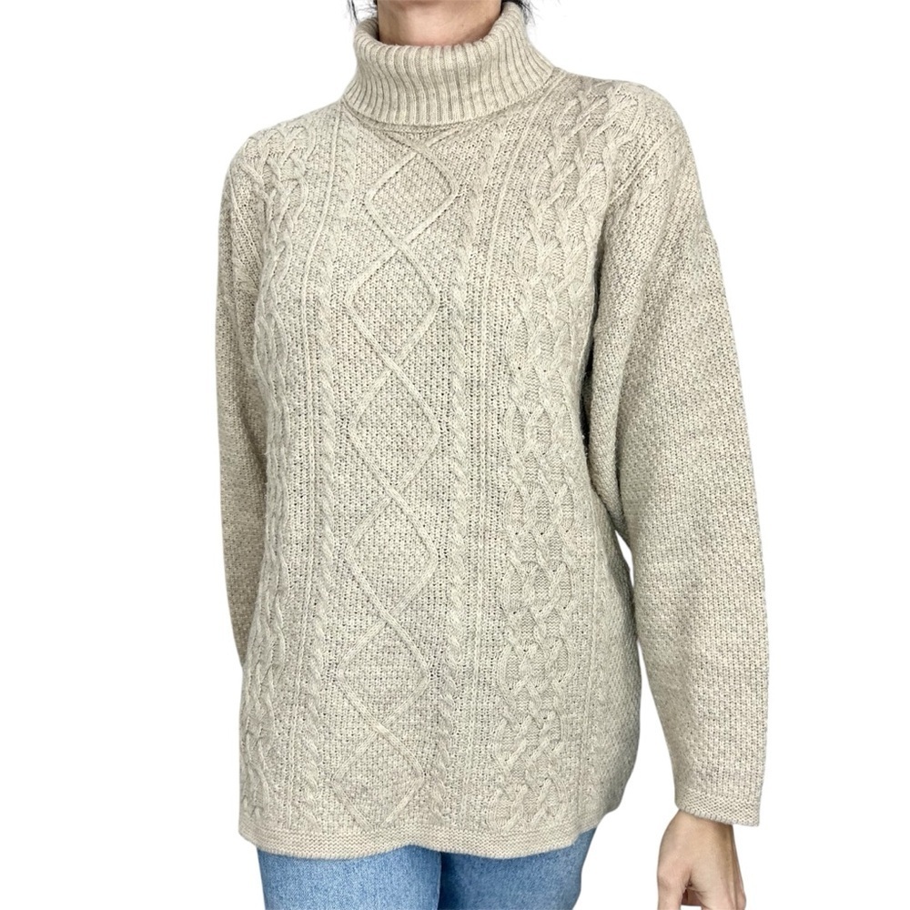 Beige tan boxy pullover drop shoulder knit aran turtleneck fisherman sweater
